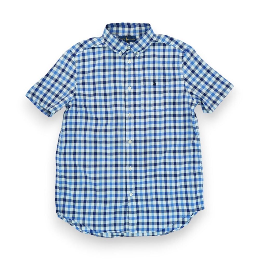 Ralph Lauren Boys XL(18-20) Short Sleeve Button Down Plaid Pattern Blue